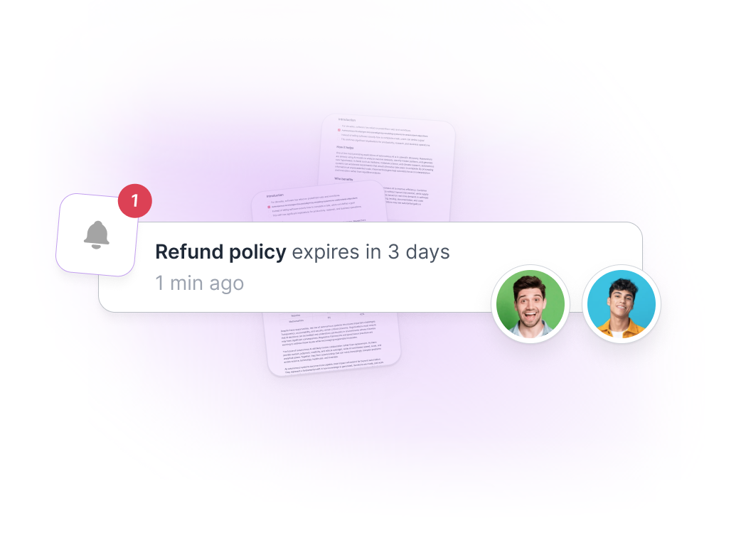 Une notification prévenant le responsable que l’article sur la politique de remboursement expire dans trois jours