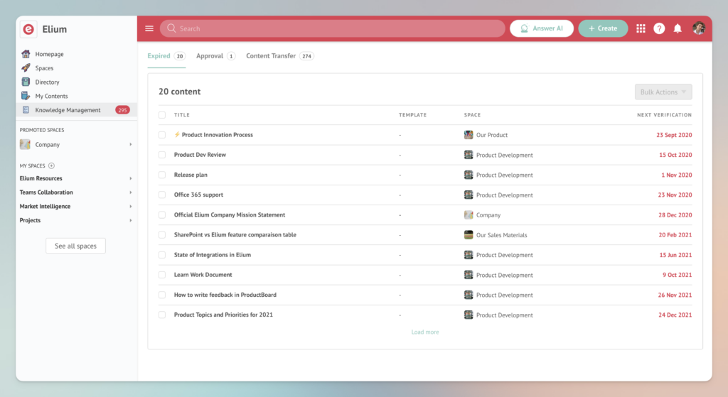 L’onglet Gestion des connaissances regroupe tous les workflows de gouvernance